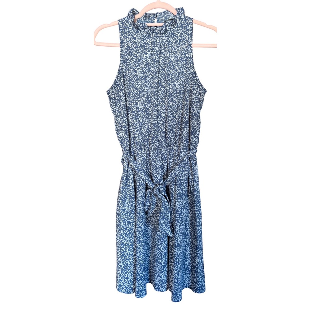 BTFBM Blue Floral Sundress M Sleeveless High Neck‎ Tie Waist Midi Dress